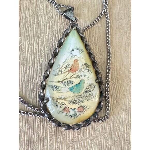 Vintage Persian Hand-Painted Teardrop Pendant Necklace W/ Horse & Bird Design Mo - Picture 5 of 6